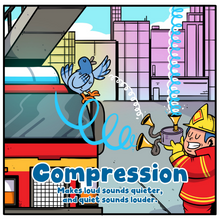 A page inside of DistroKid's Music Production ABCs book showing a bird singing into a compressor machine which is compressing it's song