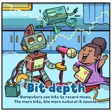 A page inside of DistroKid's Music Production ABCs book showing a child singing into a microphone being held by a robot.
