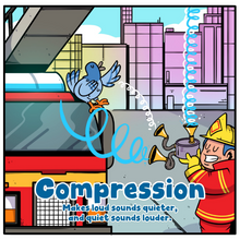 A page inside of DistroKid's Music Production ABCs book showing a bird singing into a compressor machine which is compressing it's song 