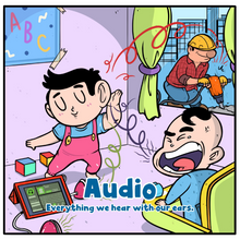 A page inside of DistroKid's Music Production ABSs book featuring a child listening to the sounds of a builder outside of his window. 